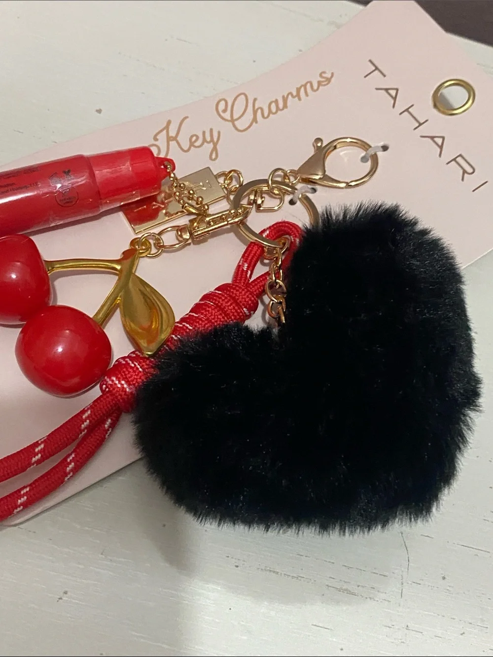 Tahari - Red & Black, Cherry,Pom-Pom & Lip Gloss Bag Charm